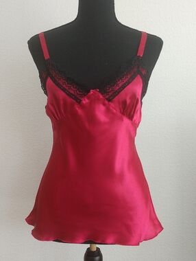No Boundaries Red Satin Camisole with Black Lace Trim